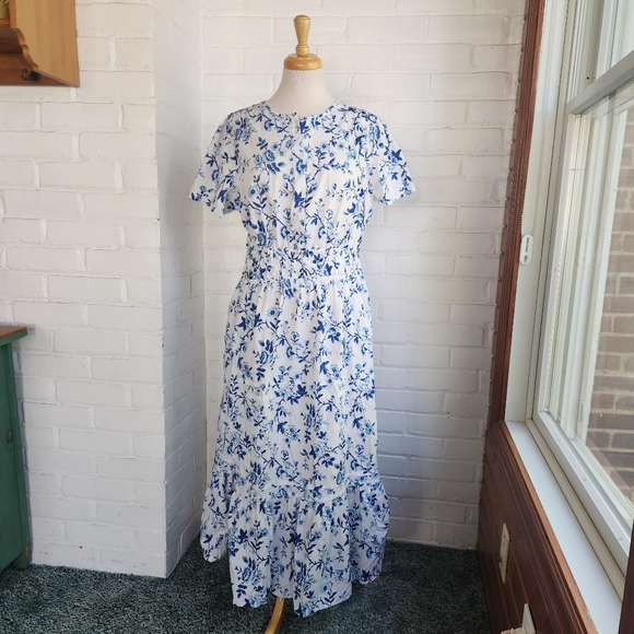 French Connection Blue White Floral Maxi Dress Tiered Long Cotton Pockets Sz L - Picture 2 of 9